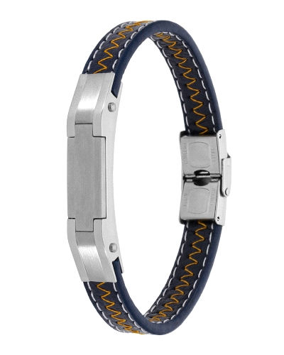 Pulsera de piel azul con pespuntes blancos y naranjas y placa central de acero. Cierre de acero y longitud 22 cm. Moderna y masc