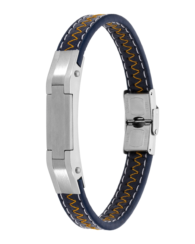 Pulsera de piel azul con pespuntes blancos y naranjas y placa central de acero. Cierre de acero y longitud 22 cm. Moderna y masc
