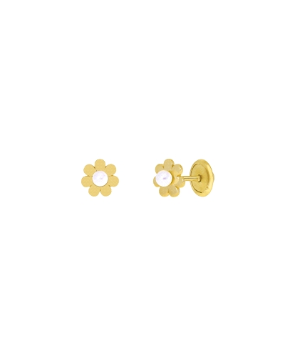 Pendiente flor con perla en plata de ley 925 bañada en oro de 18k. Cierre de rosca. Medida flor 6 mm. Delicado y elegante, perfe